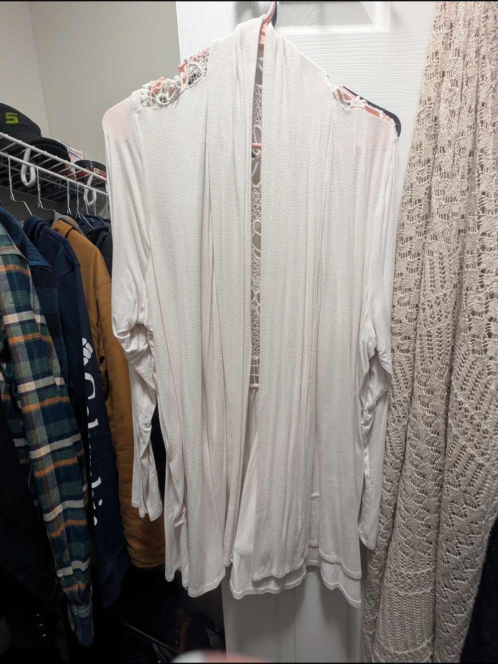 Lightweight Cream Open Front Cardigan with Lace Trim